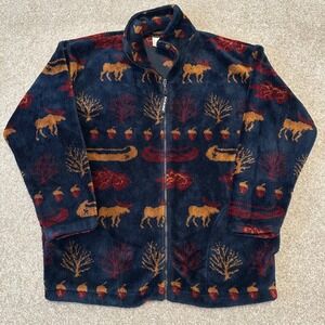 Black‎ Mountain Outdoor Fleece Jacket Moose Canoe Trees Print Full Zip Size M